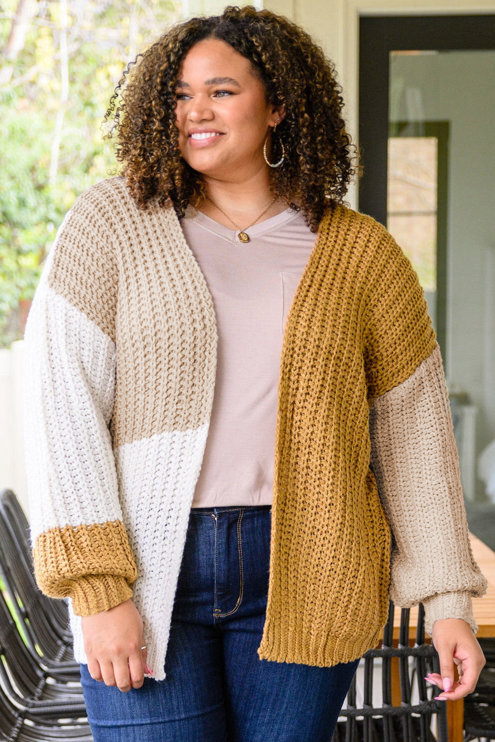 Color Block Knitted Open Front Plus Size Cardigan