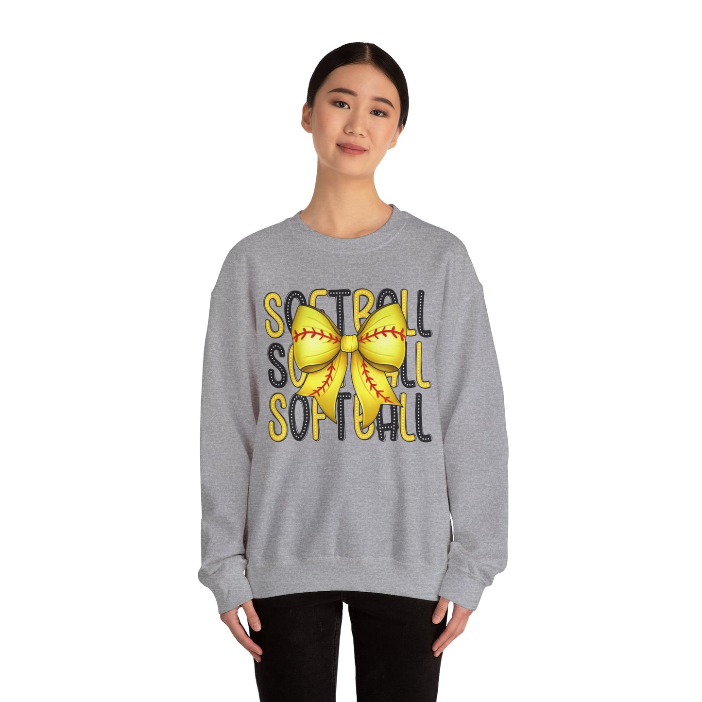 Stacked Softball Bow Heavy Blend™ Crewneck Sweatshirt