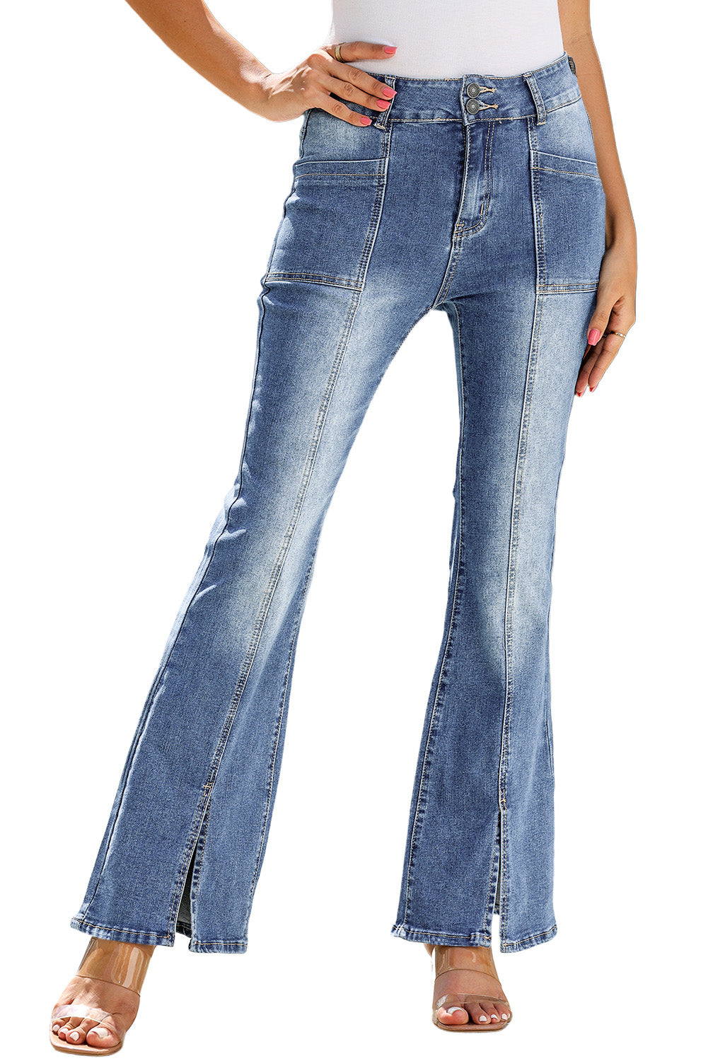 Blue Exposed Seam Split Flare Jeans
