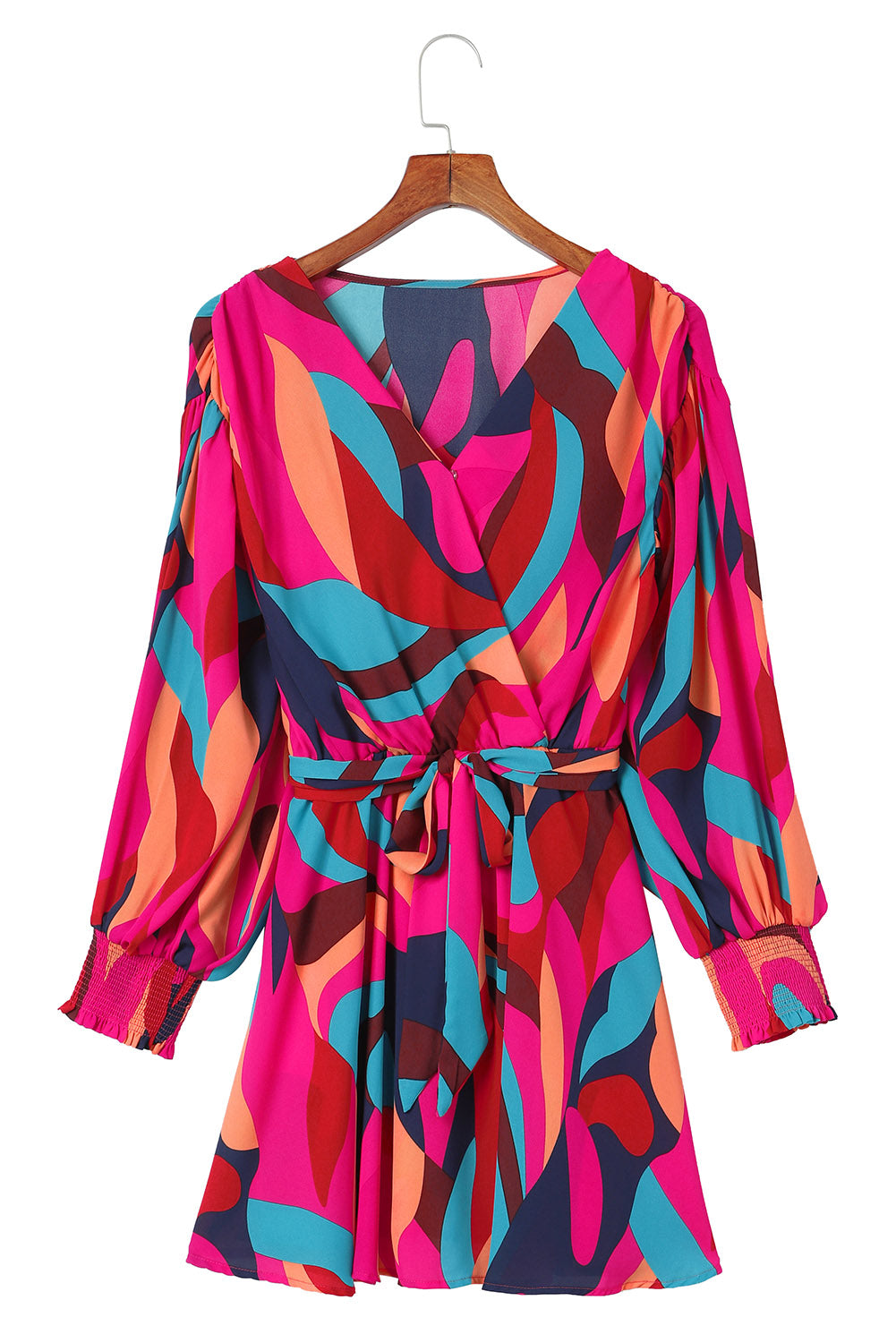 Multicolor Plus Size Abstract Print Oversized Sleeve Belted Dress