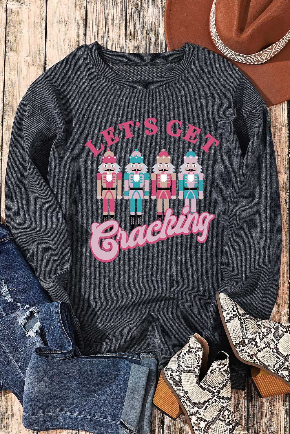 Black Plus Size Corded Round Neck Sweatshirt