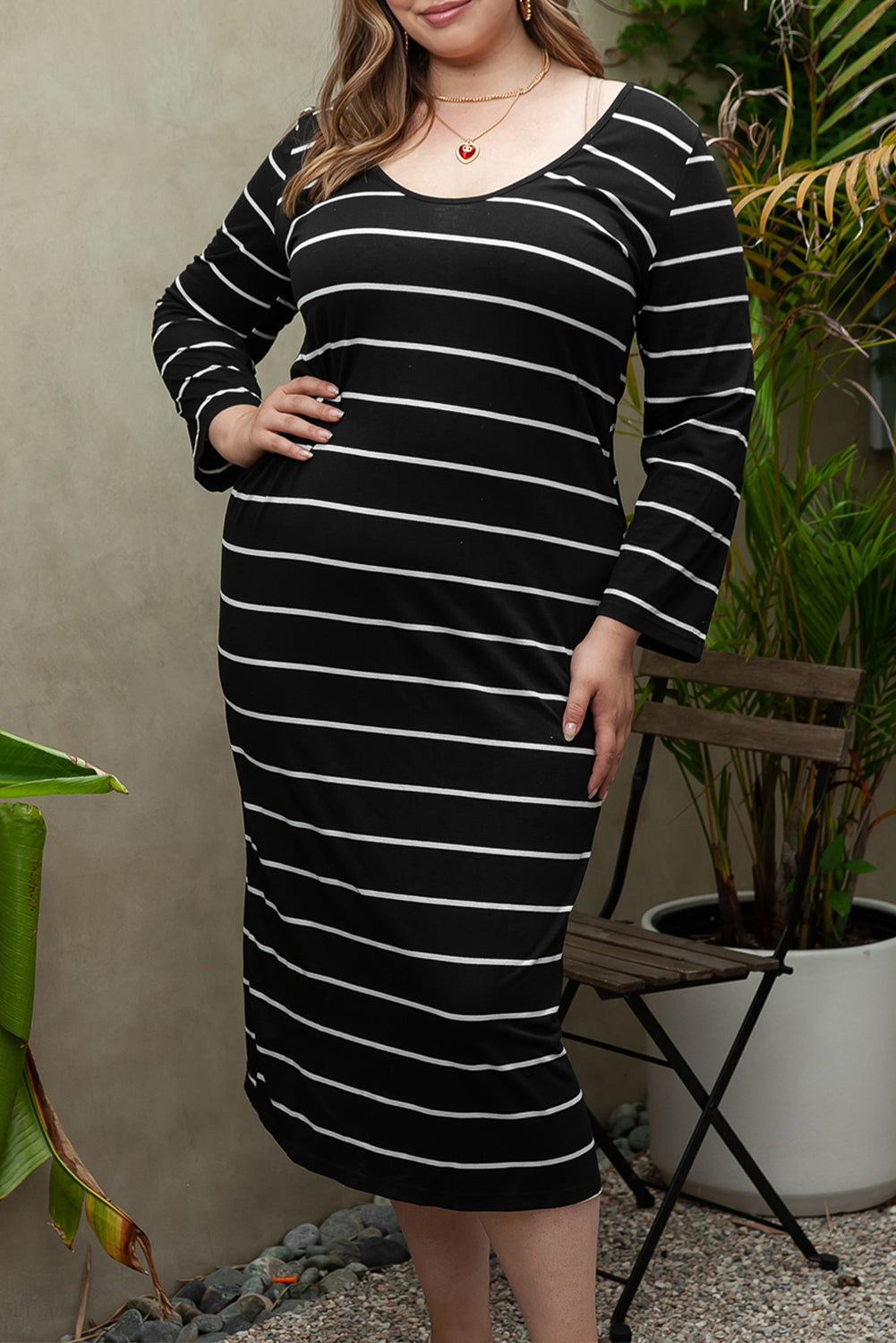 Black Striped Casual Slit Long Dress