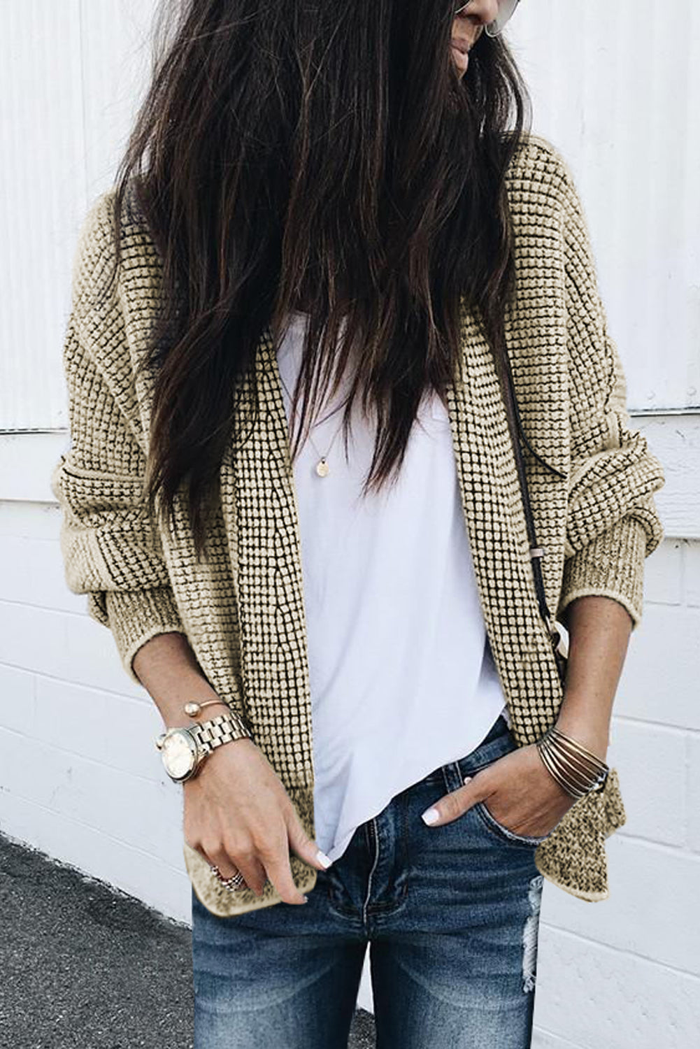 Apricot Chunky Waffle Knit Oversized Collar Cardigan