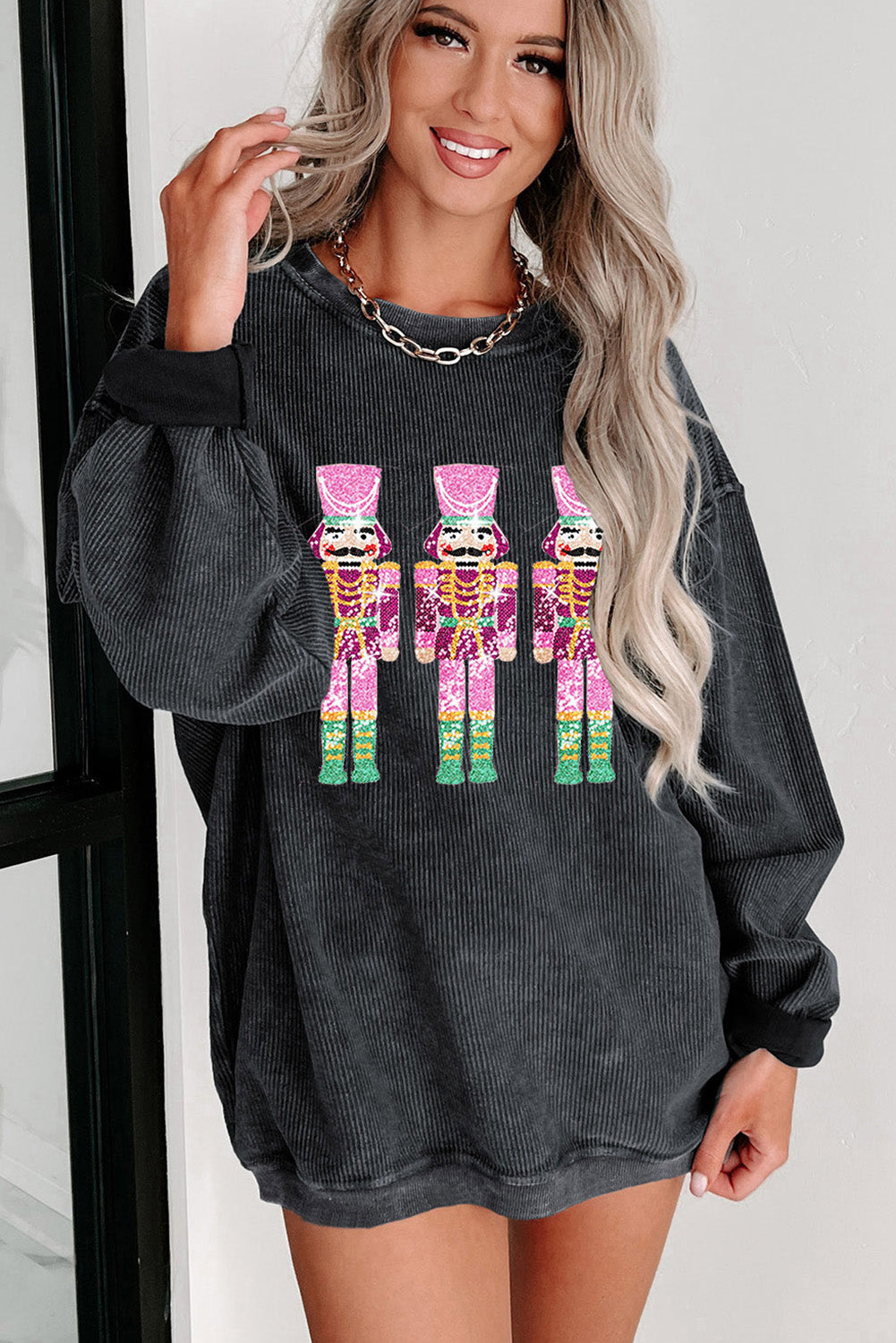 Black Plus Size Corded Round Neck Sweatshirt