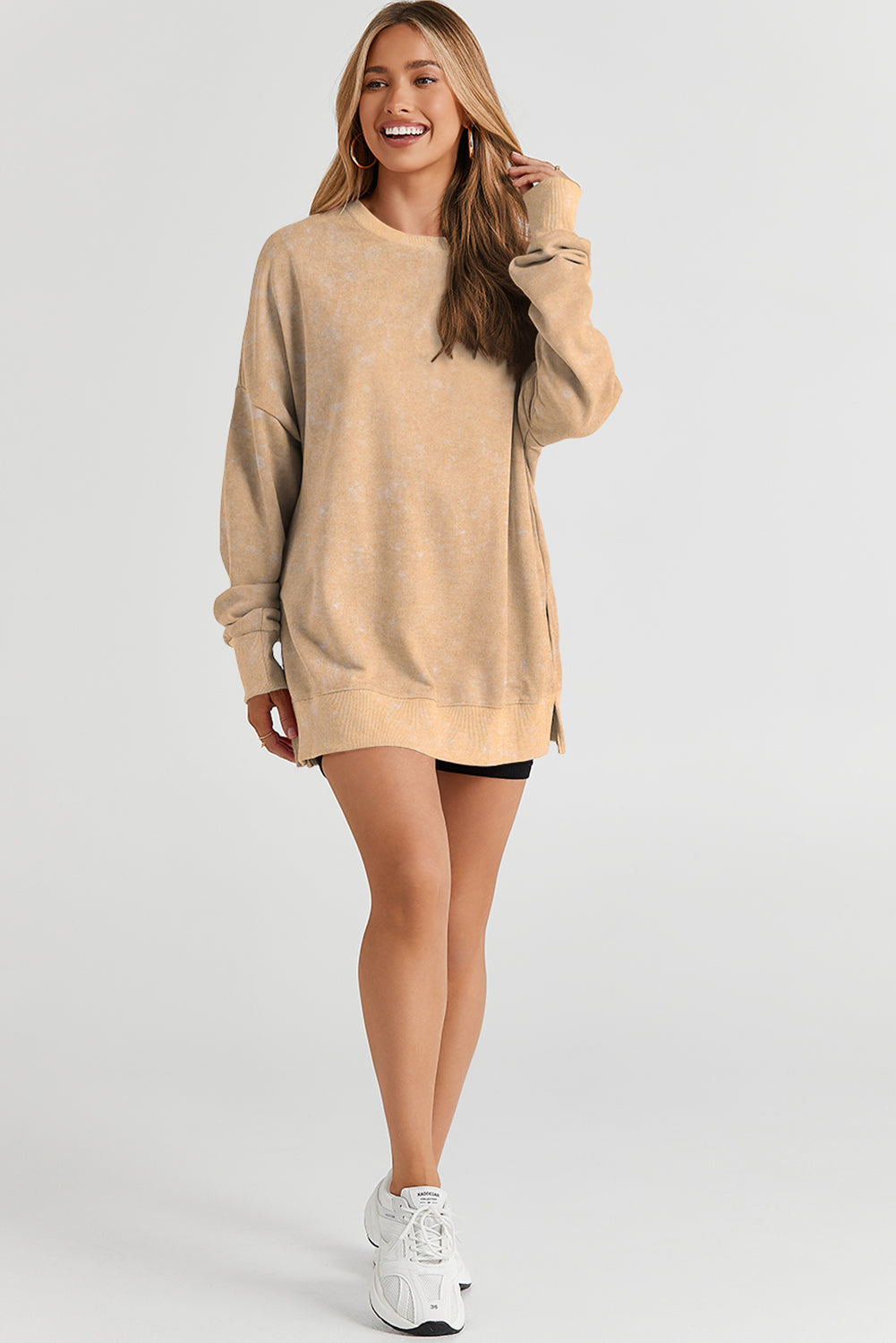 Leopard Print Drop Shoulder Slit Oversized Sweatshirt
