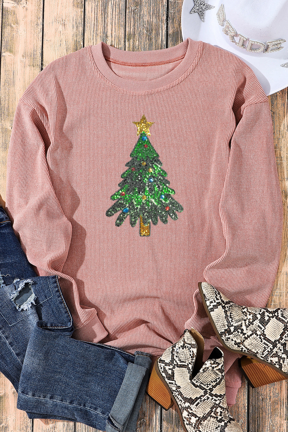 Black Plus Size Corded Round Neck Sweatshirt