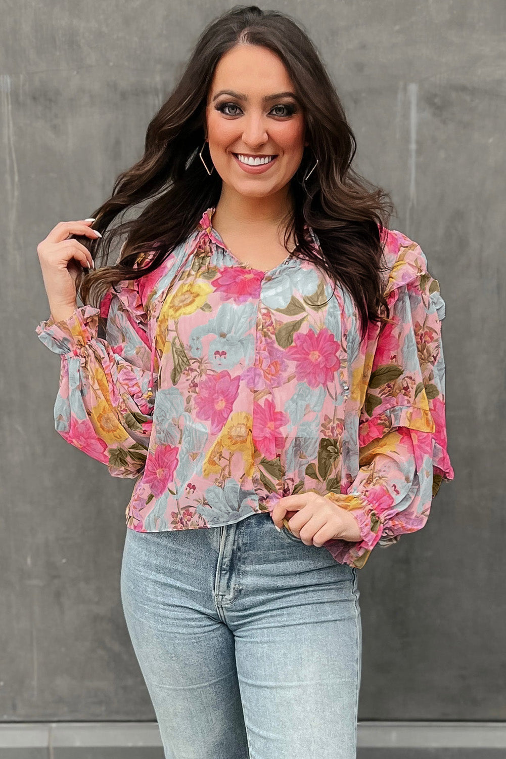 Floral Print Tassel Tie Short Sleeve Blouse