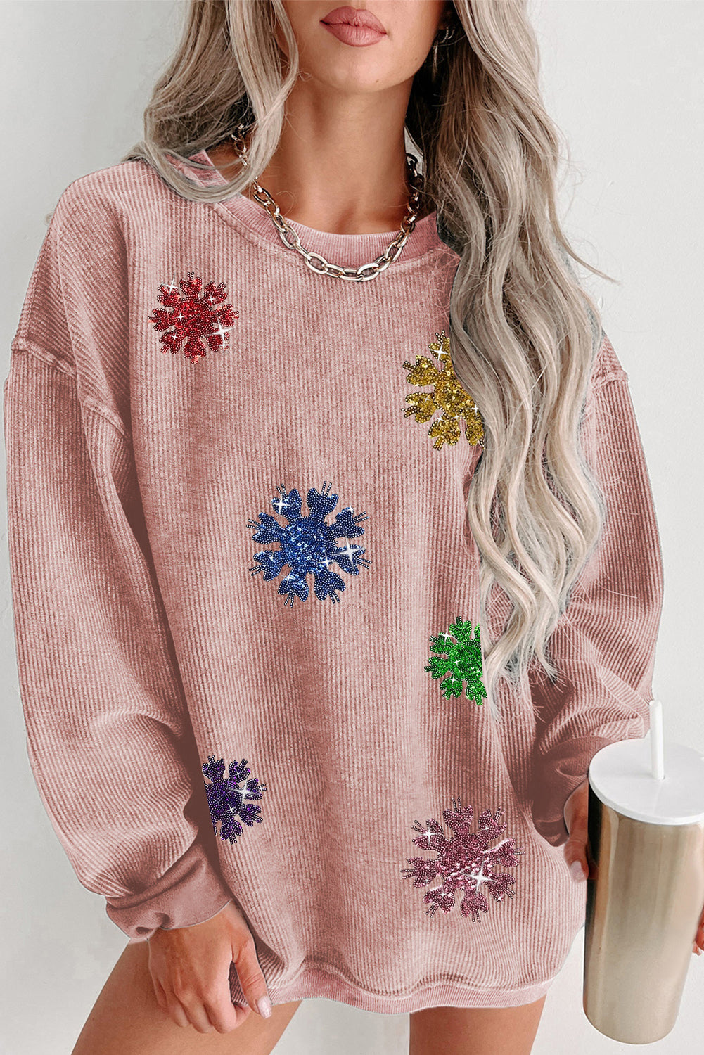 Black Plus Size Corded Round Neck Sweatshirt