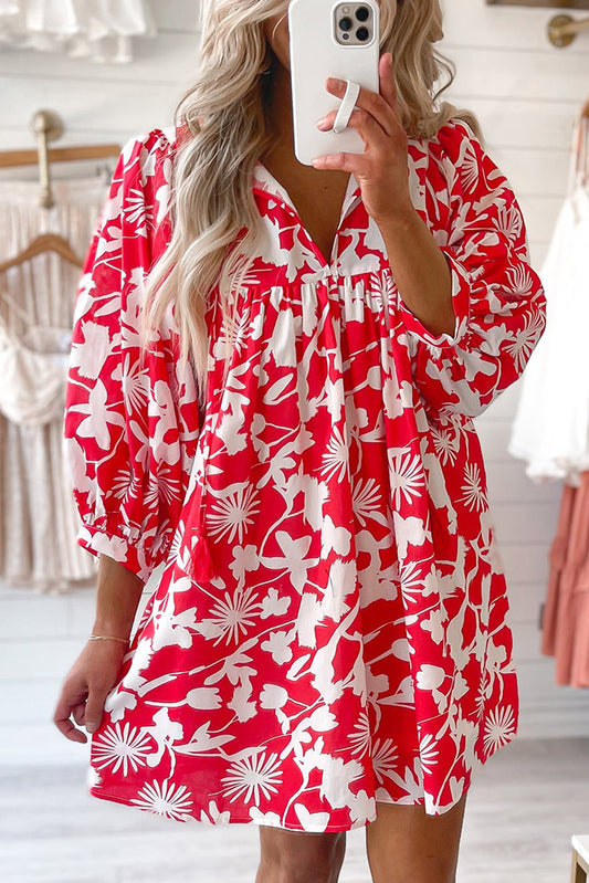 Floral Print Puff Sleeve Split Neck Babydoll Mini Dress