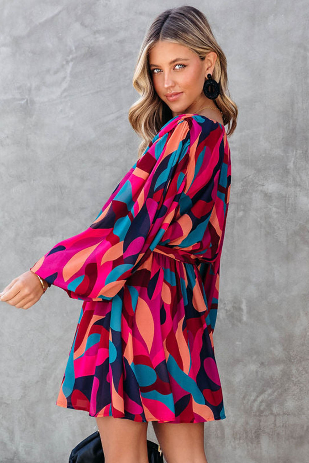 Multicolor Plus Size Abstract Print Oversized Sleeve Belted Dress