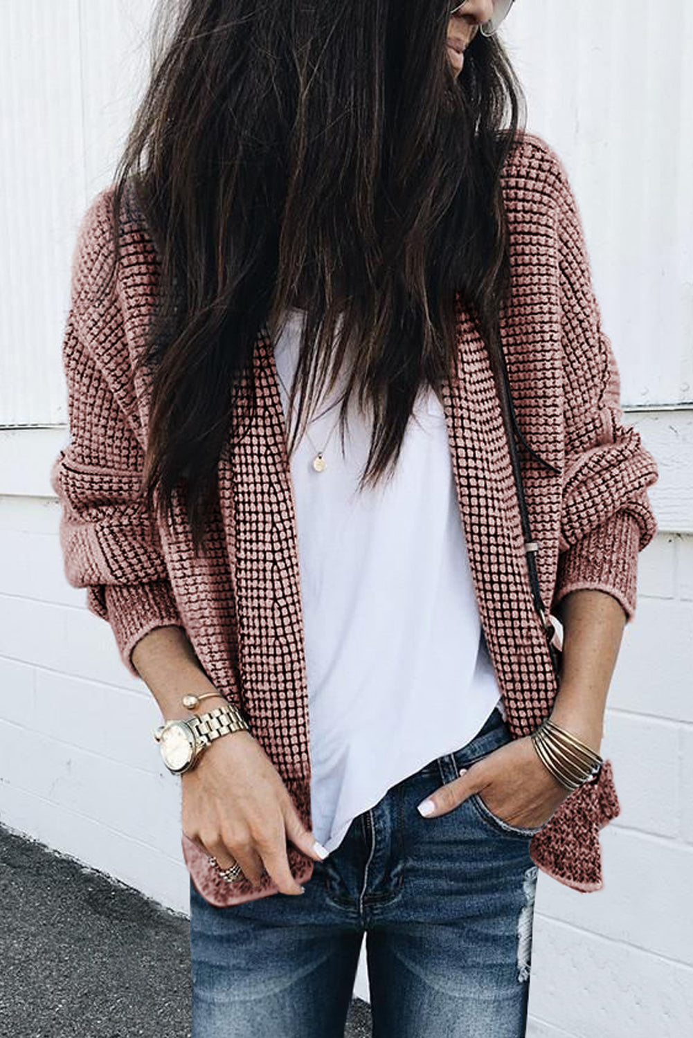 Apricot Chunky Waffle Knit Oversized Collar Cardigan