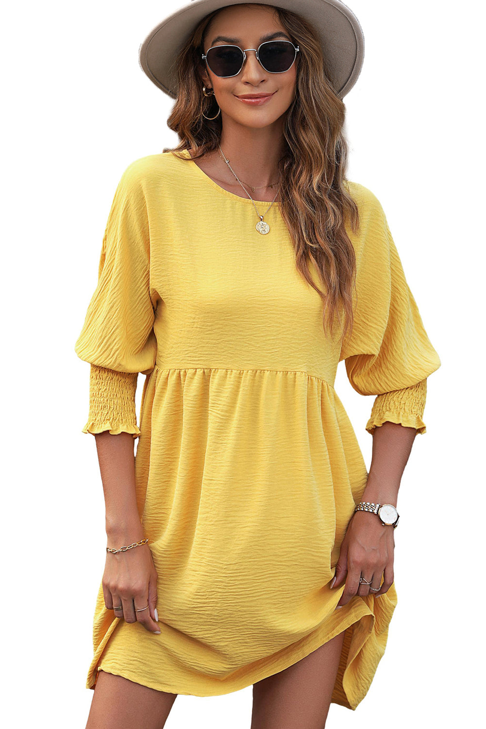 Purple Printed Boho Floral Frilled Neck Shirred Bracelet Sleeve Dress