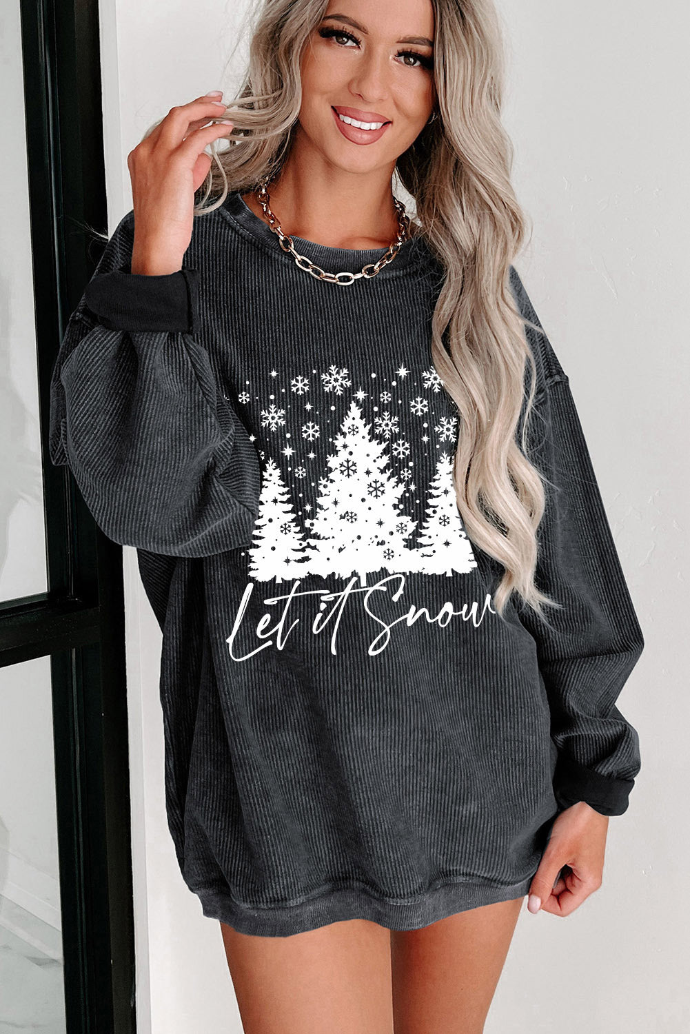 Black Plus Size Corded Round Neck Sweatshirt