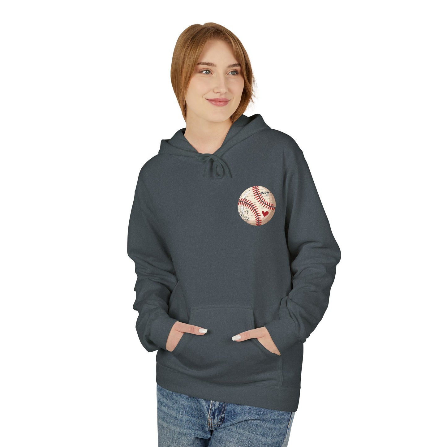 Distressed Baseball Heart Pocket Midweight Softstyle Fleece Hoodie