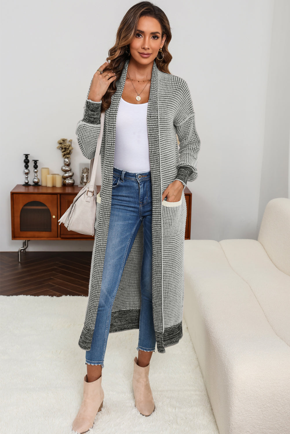 Apricot Chunky Waffle Knit Oversized Collar Cardigan