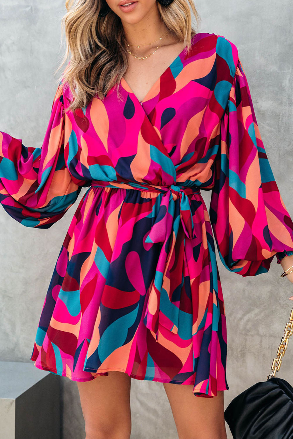 Multicolor Plus Size Abstract Print Oversized Sleeve Belted Dress