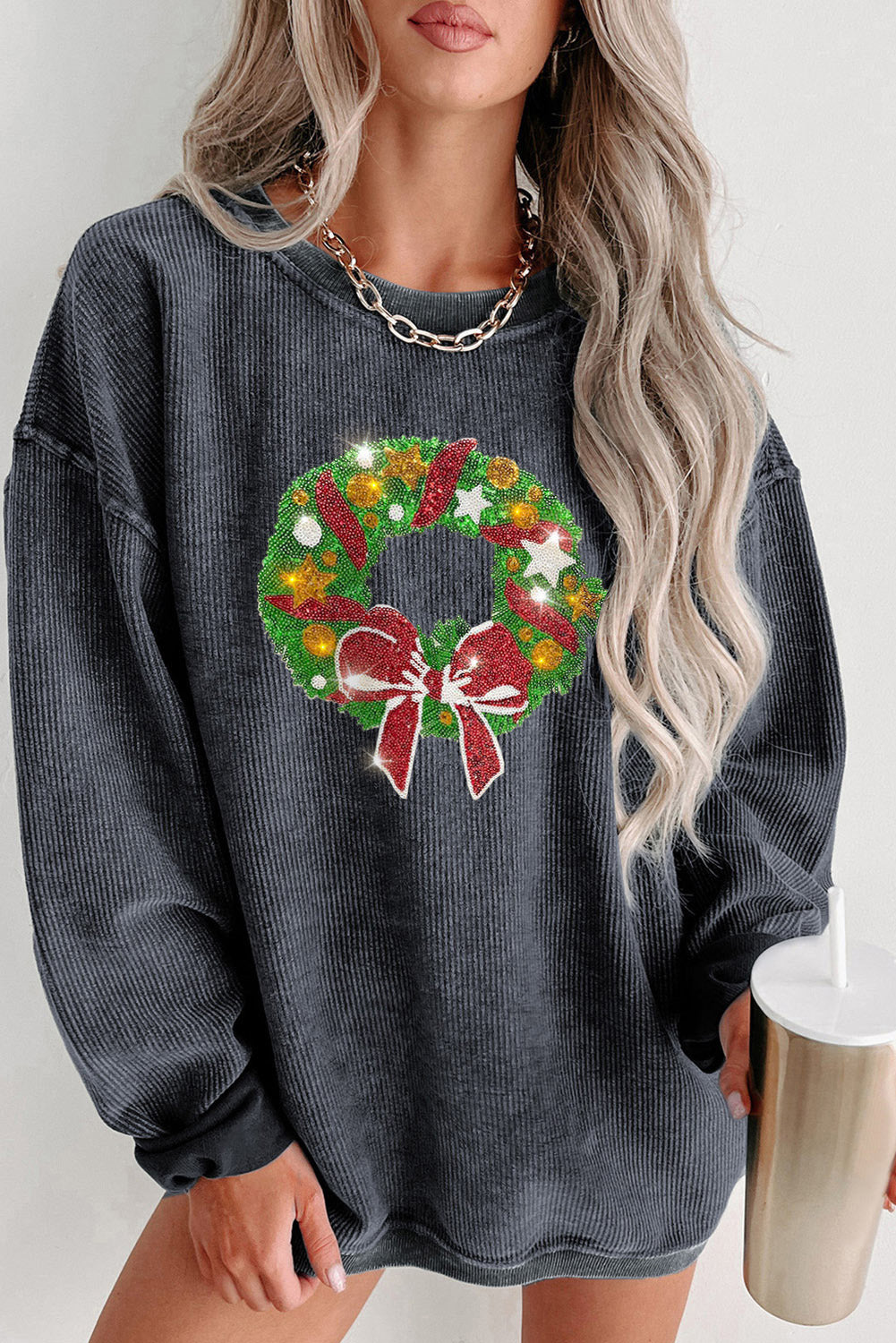 Black Plus Size Corded Round Neck Sweatshirt