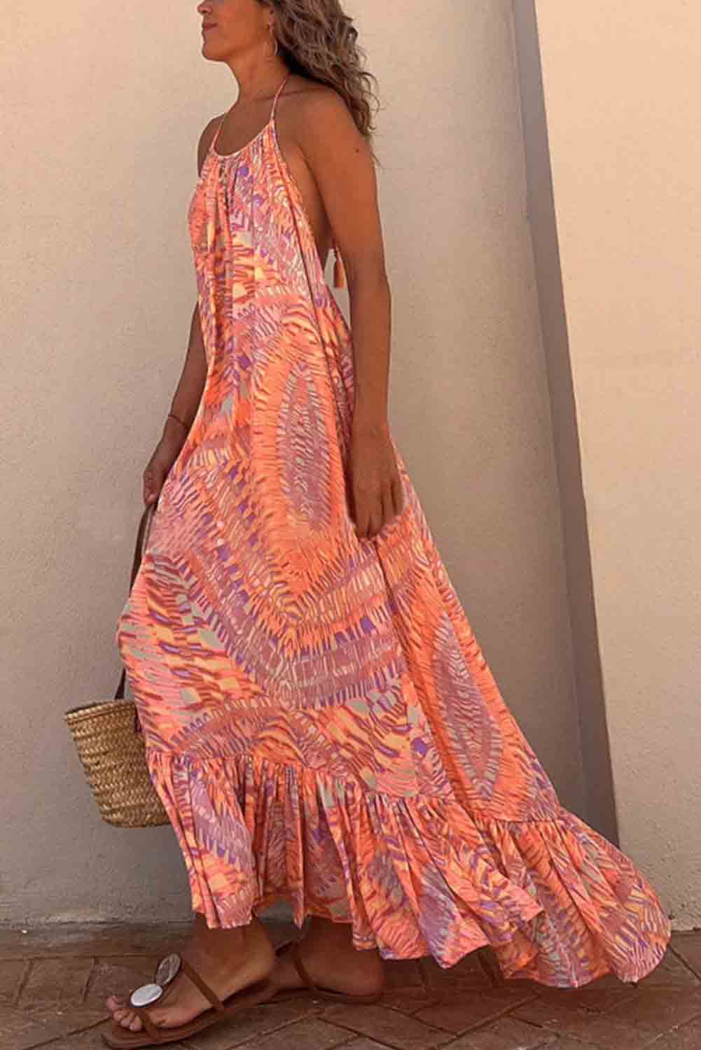 Geometric Print Tassel Tie Halterneck Maxi Dress