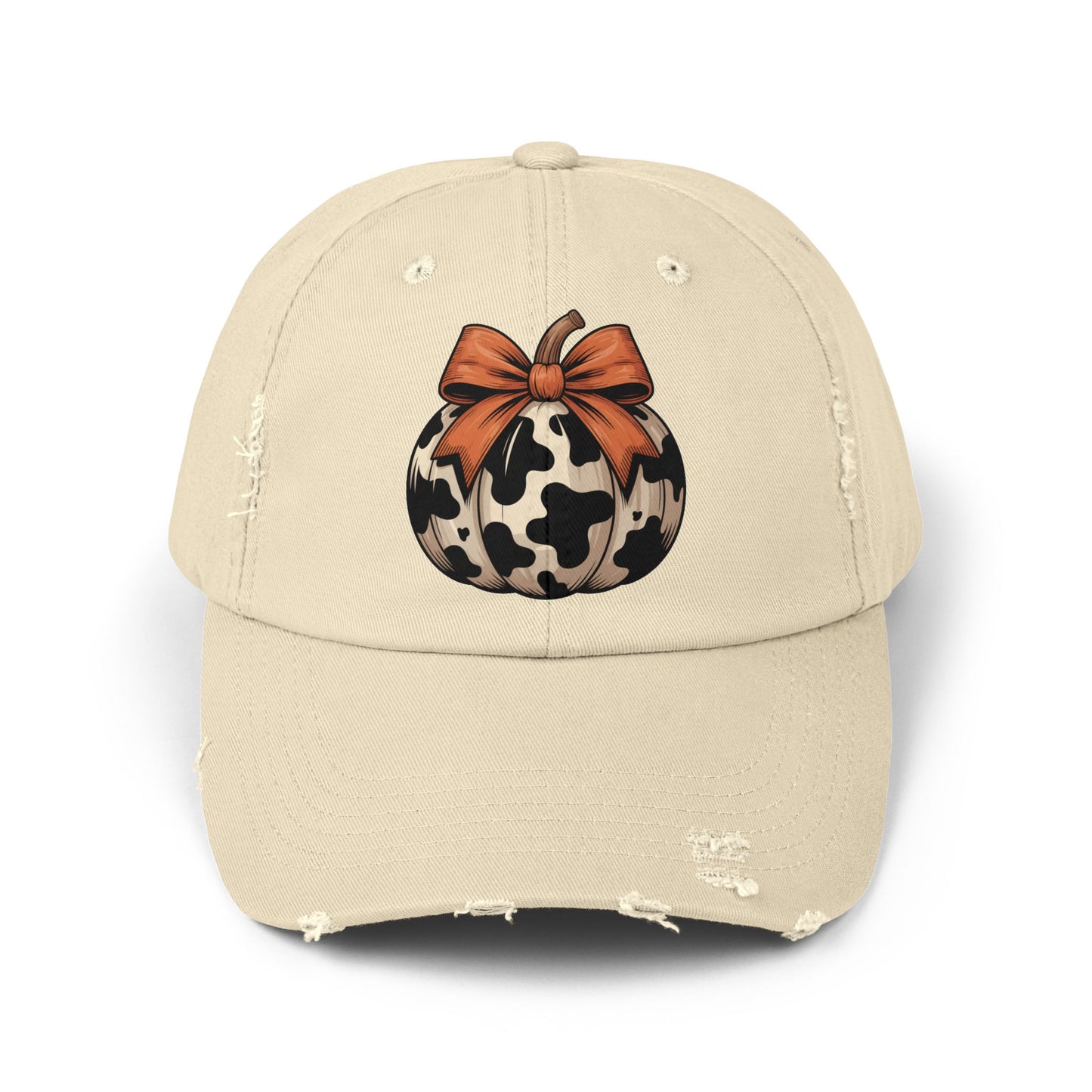Fall Cow Print Pumpkin Distressed Cap