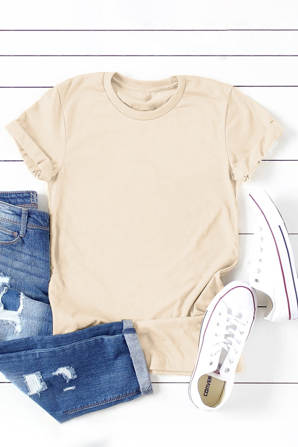 White Round Neck Rolled Sleeve Plus Size T-shirt