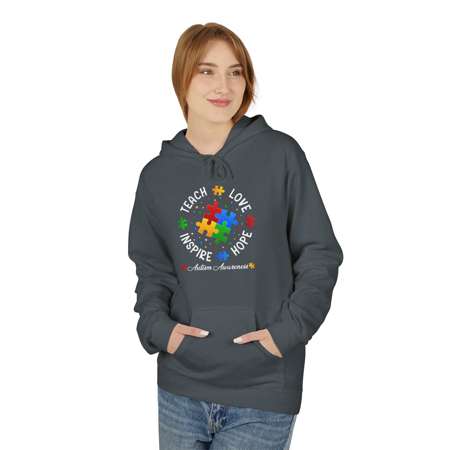 Teach Love Hope Inspire Autism Awareness Midweight Softstyle Fleece Hoodie
