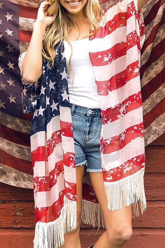 Multicolor Plus Size American Flag Tasseled 3/4 Sleeve Cardigan