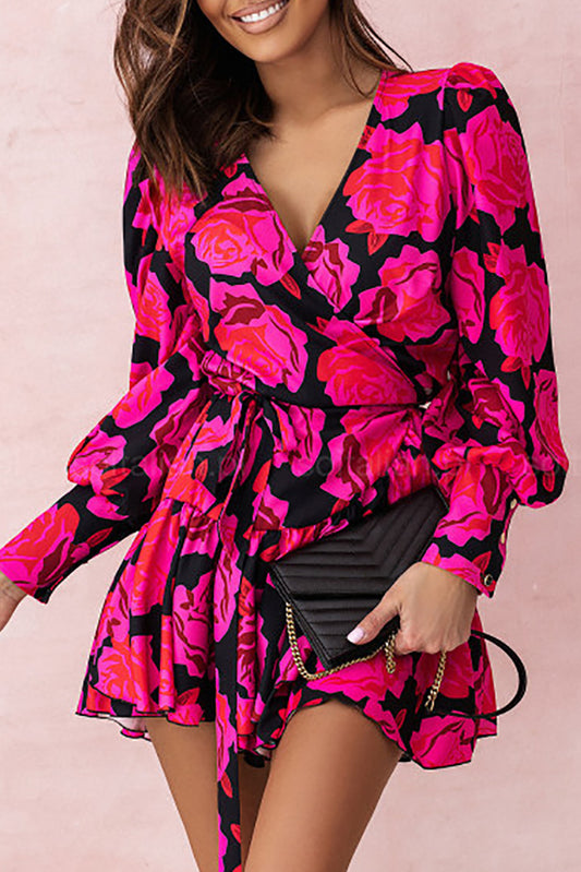 Floral Print V Neck Wrap Bishop Sleeve Ruffle Tiered Mini Dress