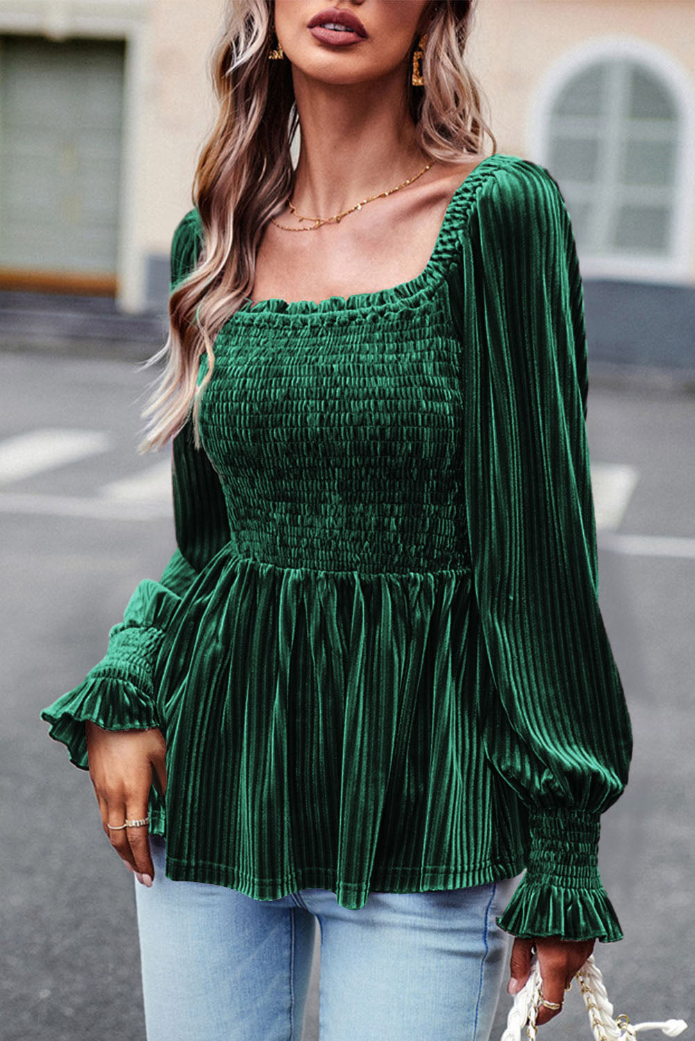 Chestnut Half Zip V Neck Ribbed Velvet Top