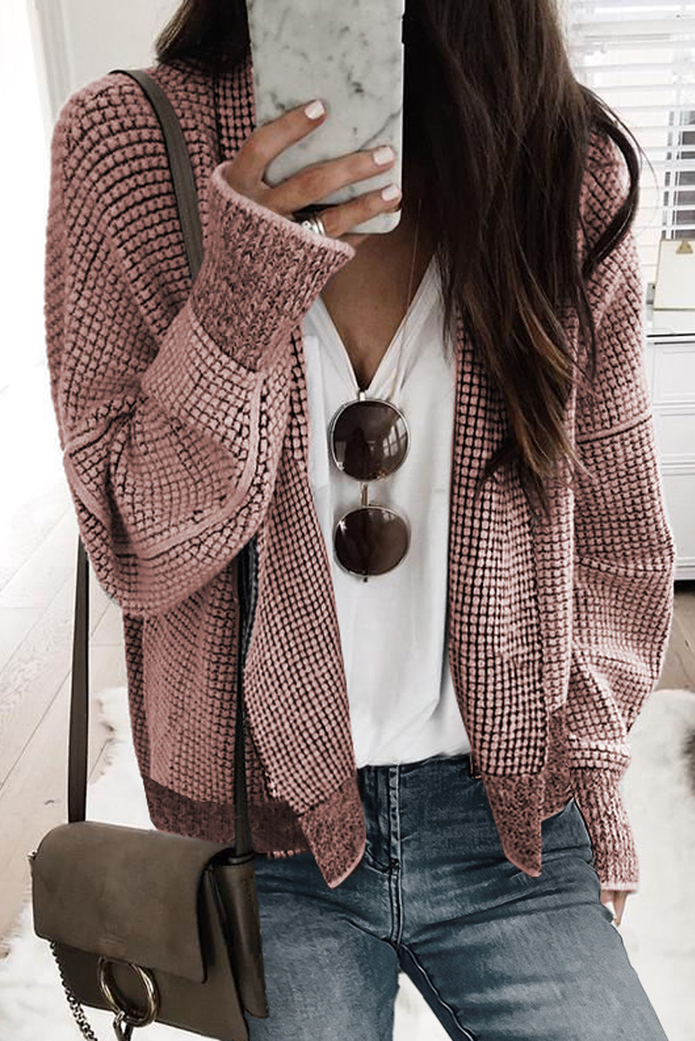 Apricot Chunky Waffle Knit Oversized Collar Cardigan