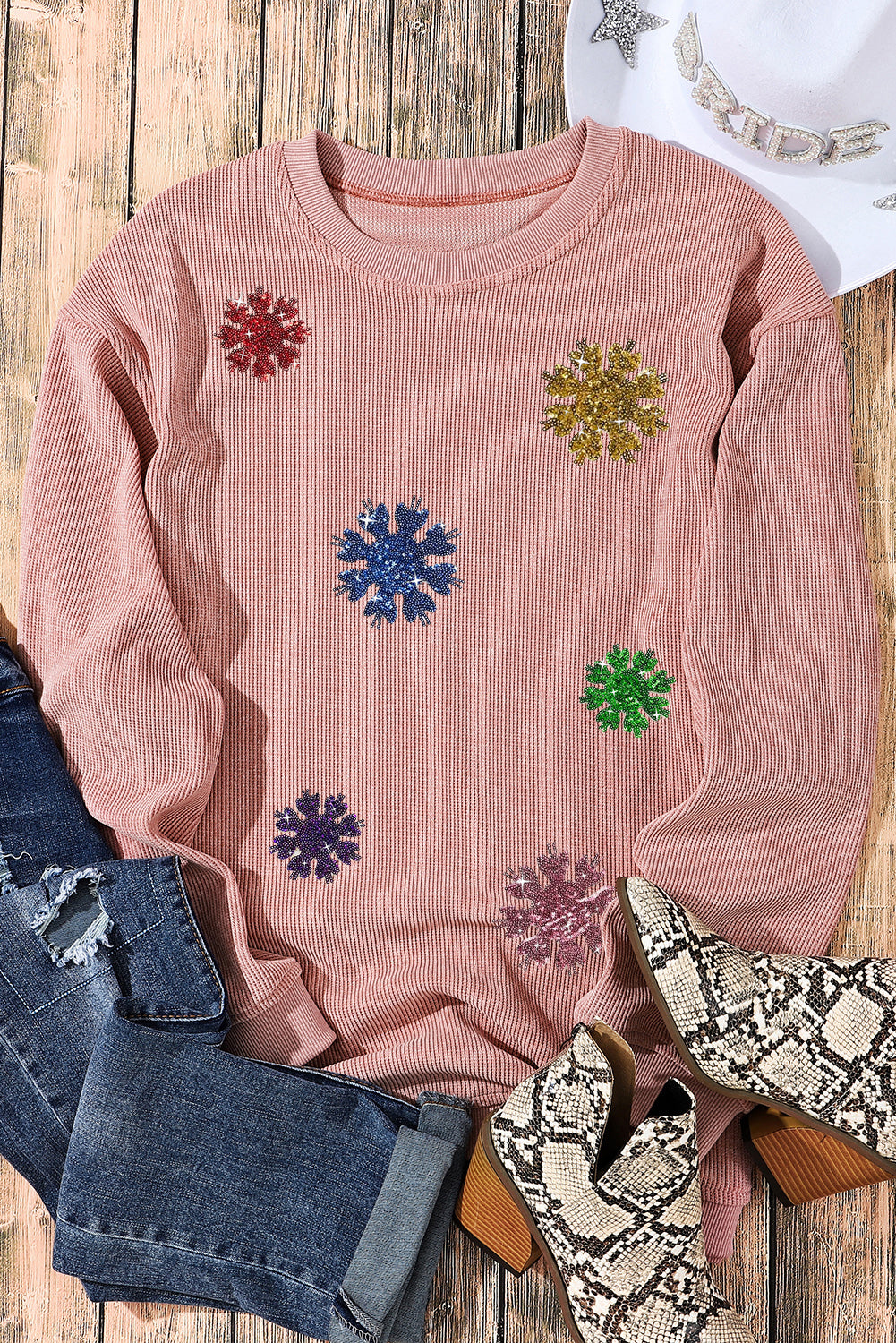 Black Plus Size Corded Round Neck Sweatshirt