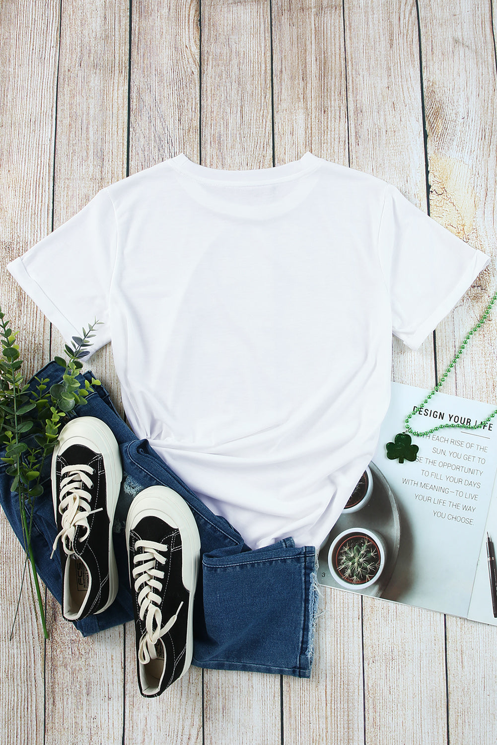 White Round Neck Rolled Sleeve Plus Size T-shirt