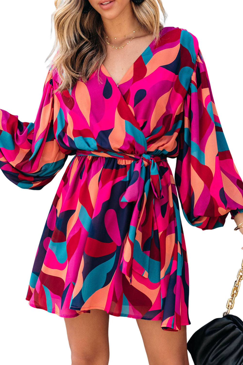 Multicolor Plus Size Abstract Print Oversized Sleeve Belted Dress