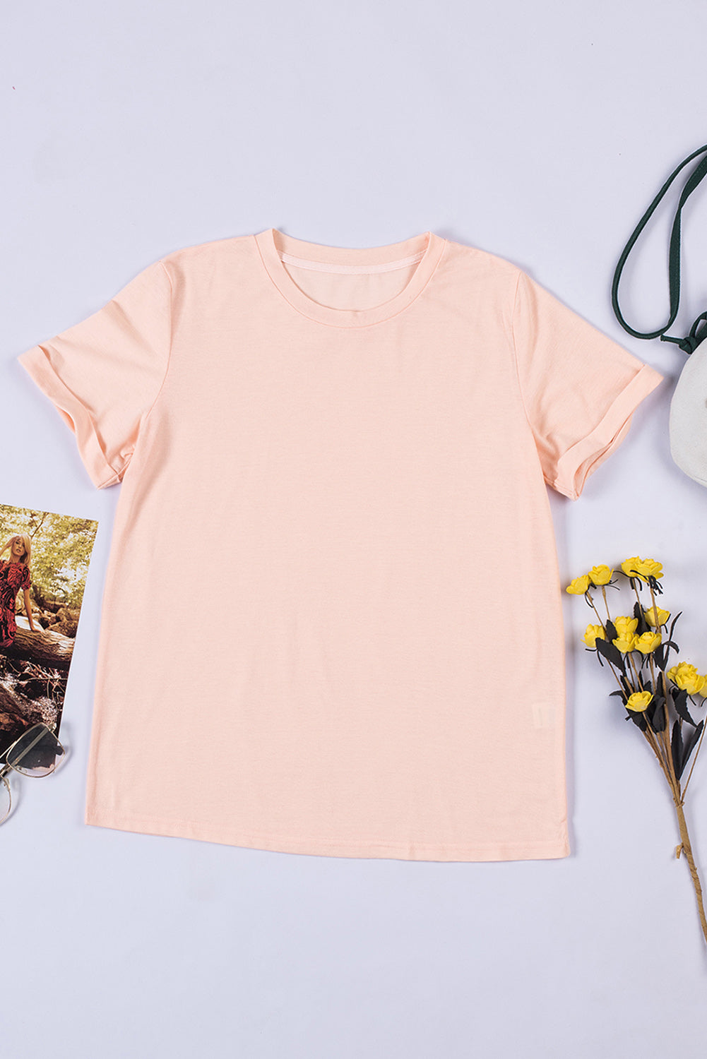 White Round Neck Rolled Sleeve Plus Size T-shirt