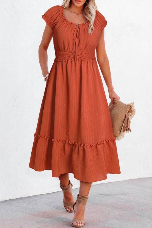 Puff Sleeve Tied V-Neck Smock Waist Frill Midi Dress