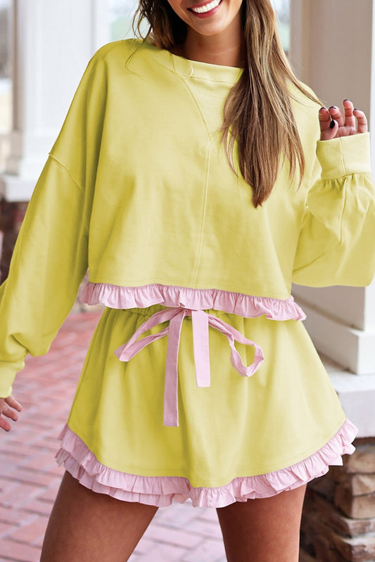 Yellow Cream Plaid Ruffled Patchwork Drop Shoulder Pullover and Drawstring Elastic Waist Shorts Matching Set