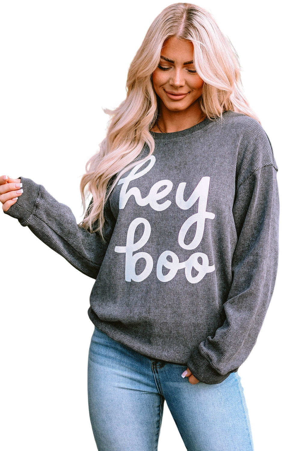 Black Plus Size Corded Round Neck Sweatshirt