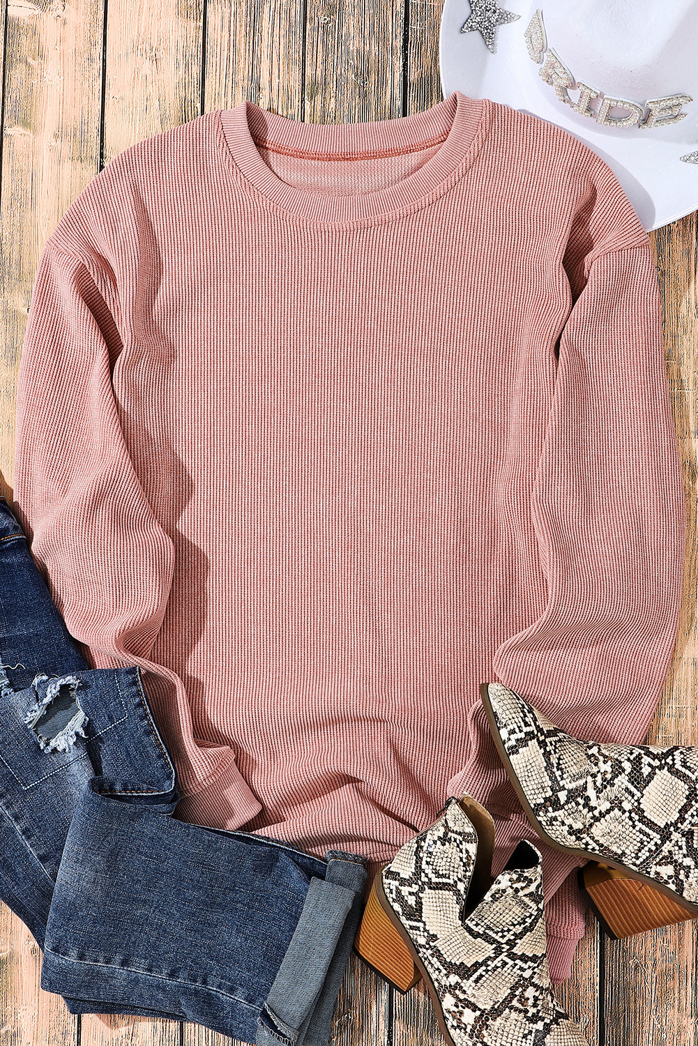 Black Plus Size Corded Round Neck Sweatshirt
