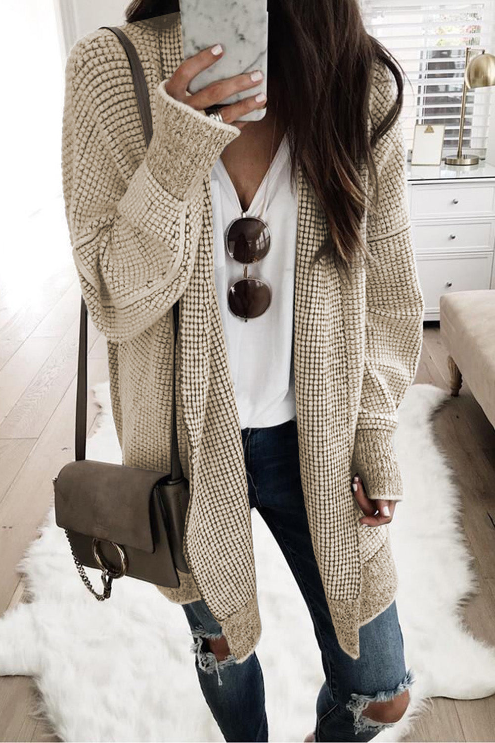 Black Plaid Knitted Long Open Front Cardigan