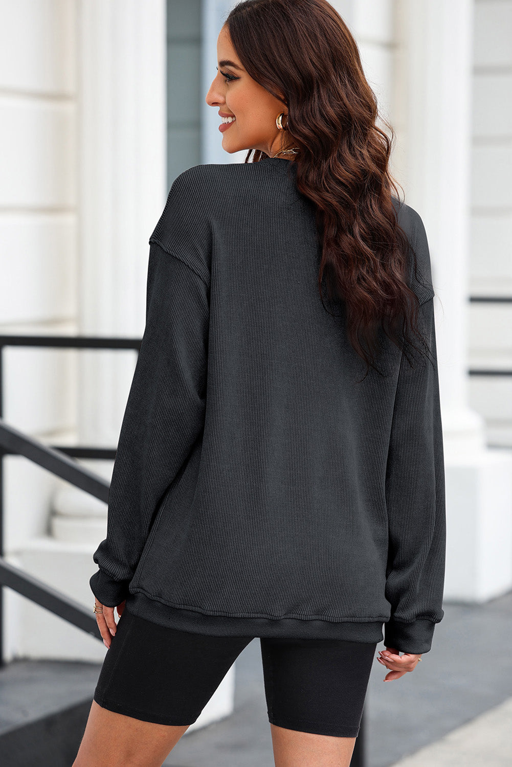 Black Plus Size Corded Round Neck Sweatshirt