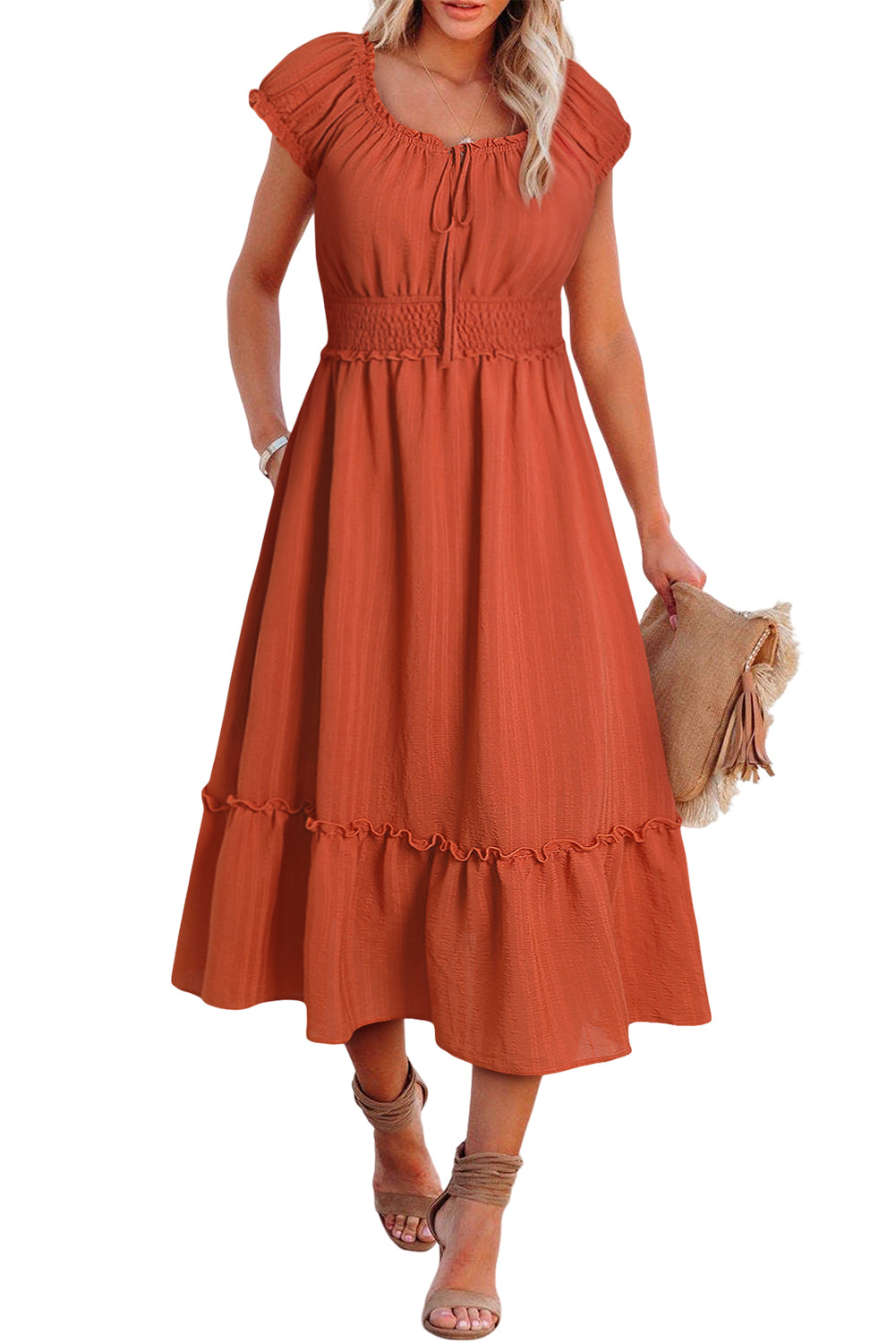 Puff Sleeve Tied V-Neck Smock Waist Frill Midi Dress