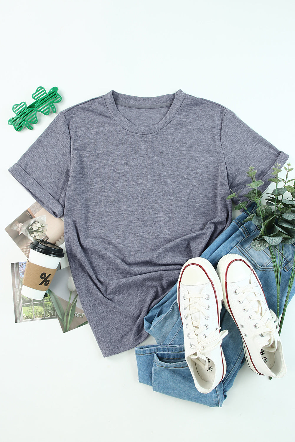White Round Neck Rolled Sleeve Plus Size T-shirt