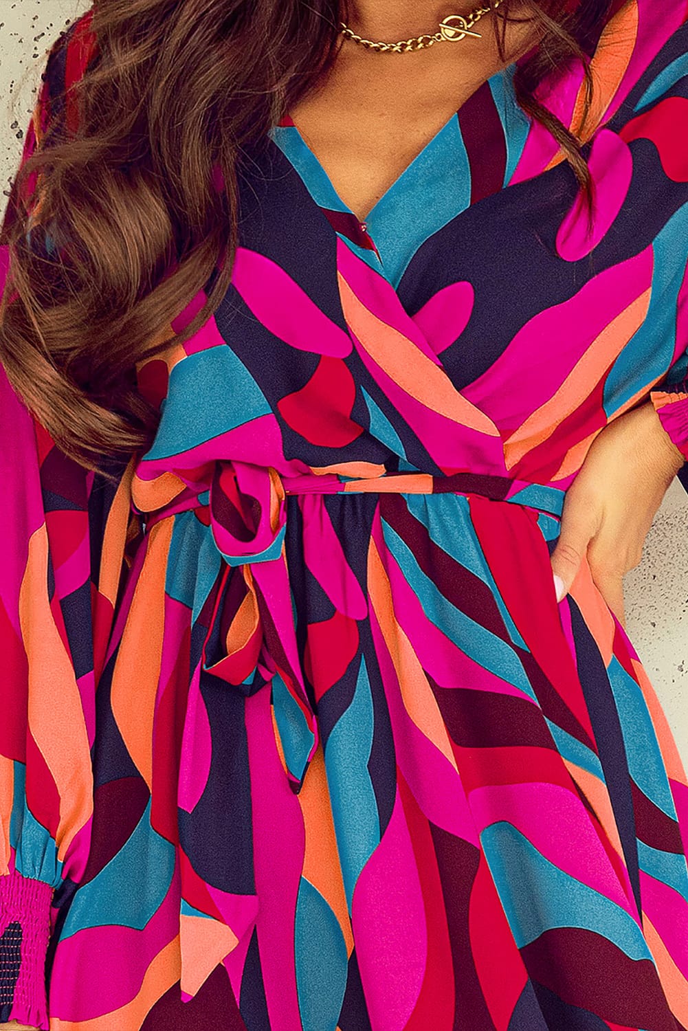 Multicolor Plus Size Abstract Print Oversized Sleeve Belted Dress