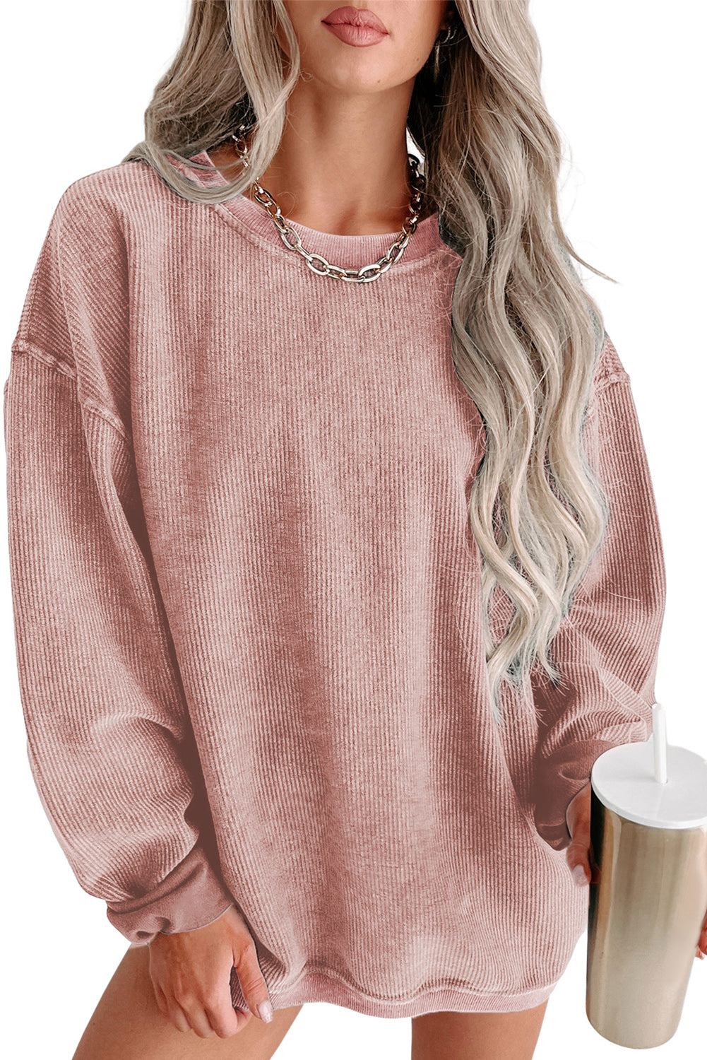 Black Plus Size Corded Round Neck Sweatshirt