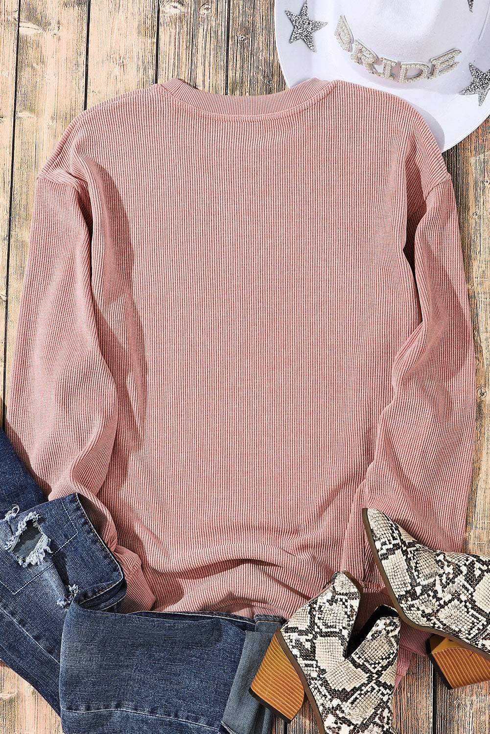 Black Plus Size Corded Round Neck Sweatshirt