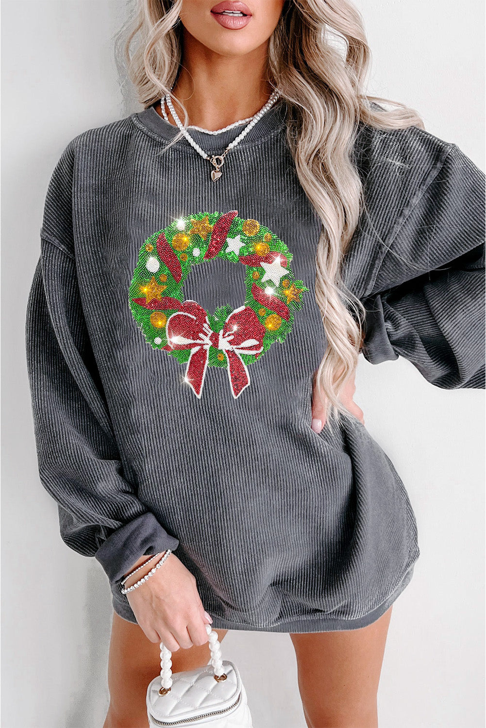 Black Plus Size Corded Round Neck Sweatshirt