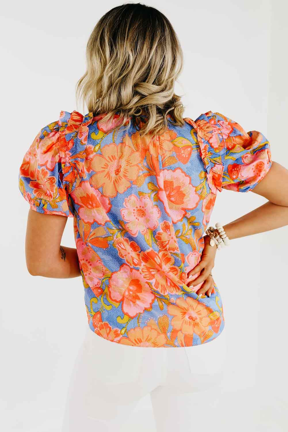 Multicolor Floral Bubble Sleeve V-Neck Plus Size Blouse