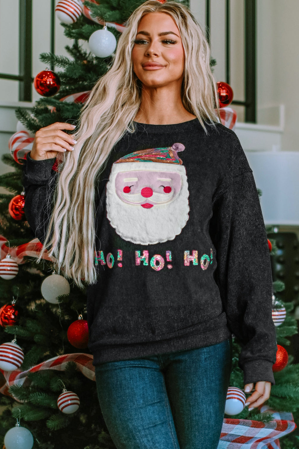 Black Plus Size Corded Round Neck Sweatshirt