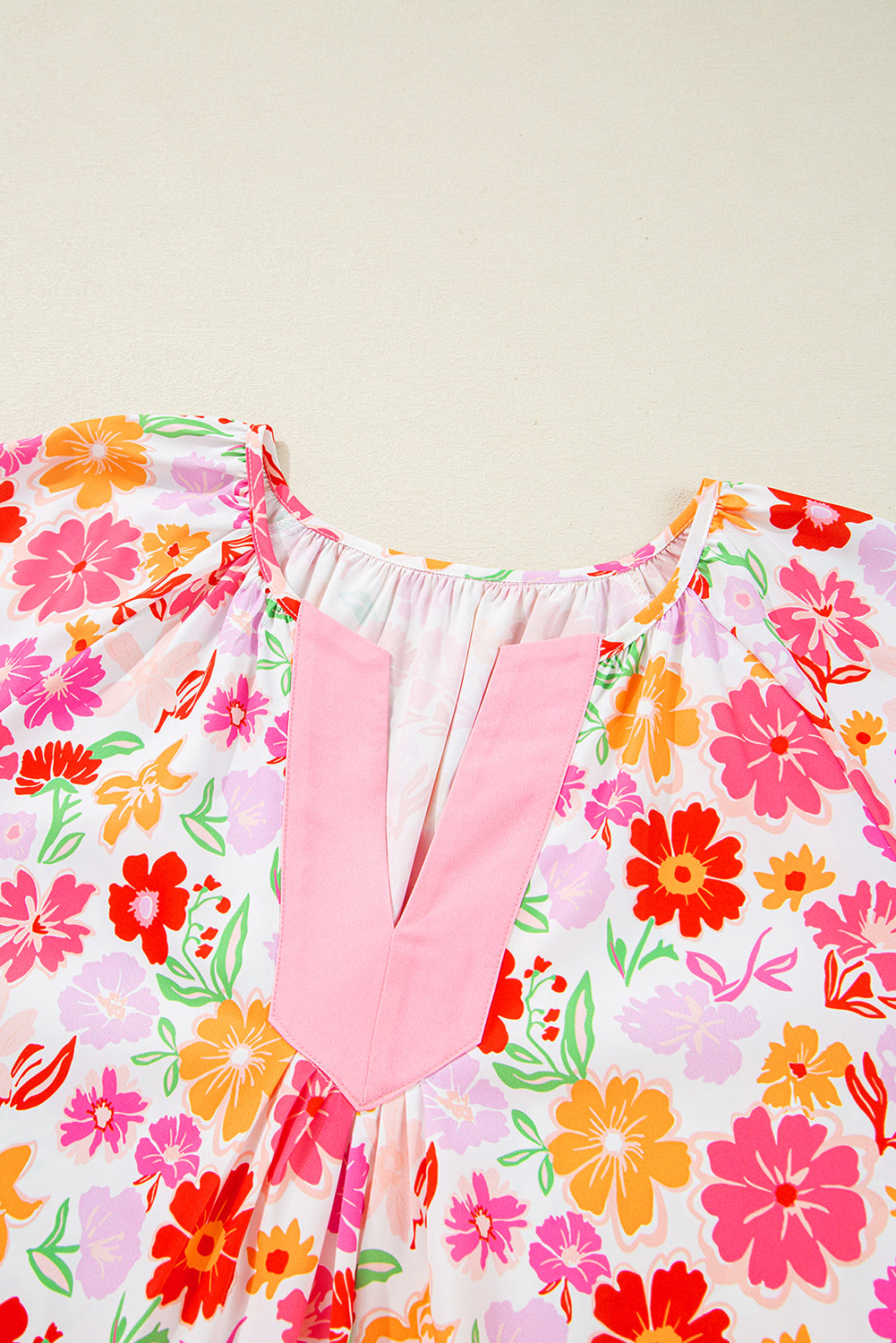 White Floral Split V Neck Wide Short Sleeve Plus Size Blouse Top