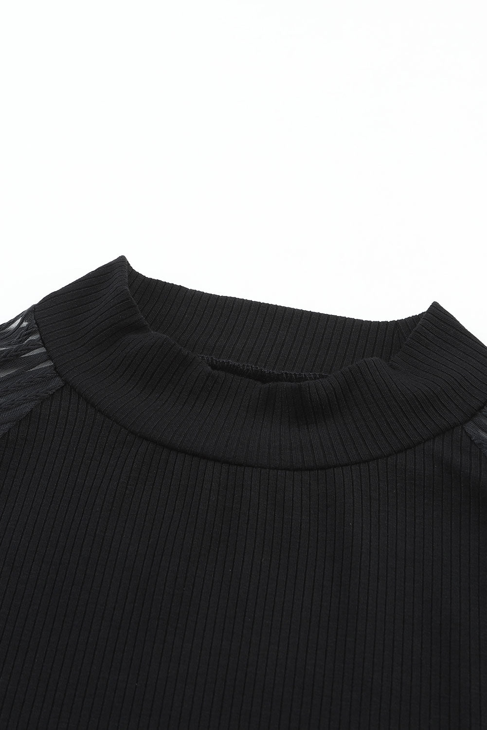 Gray Striped Mesh Long Sleeve Crewneck Ribbed Top