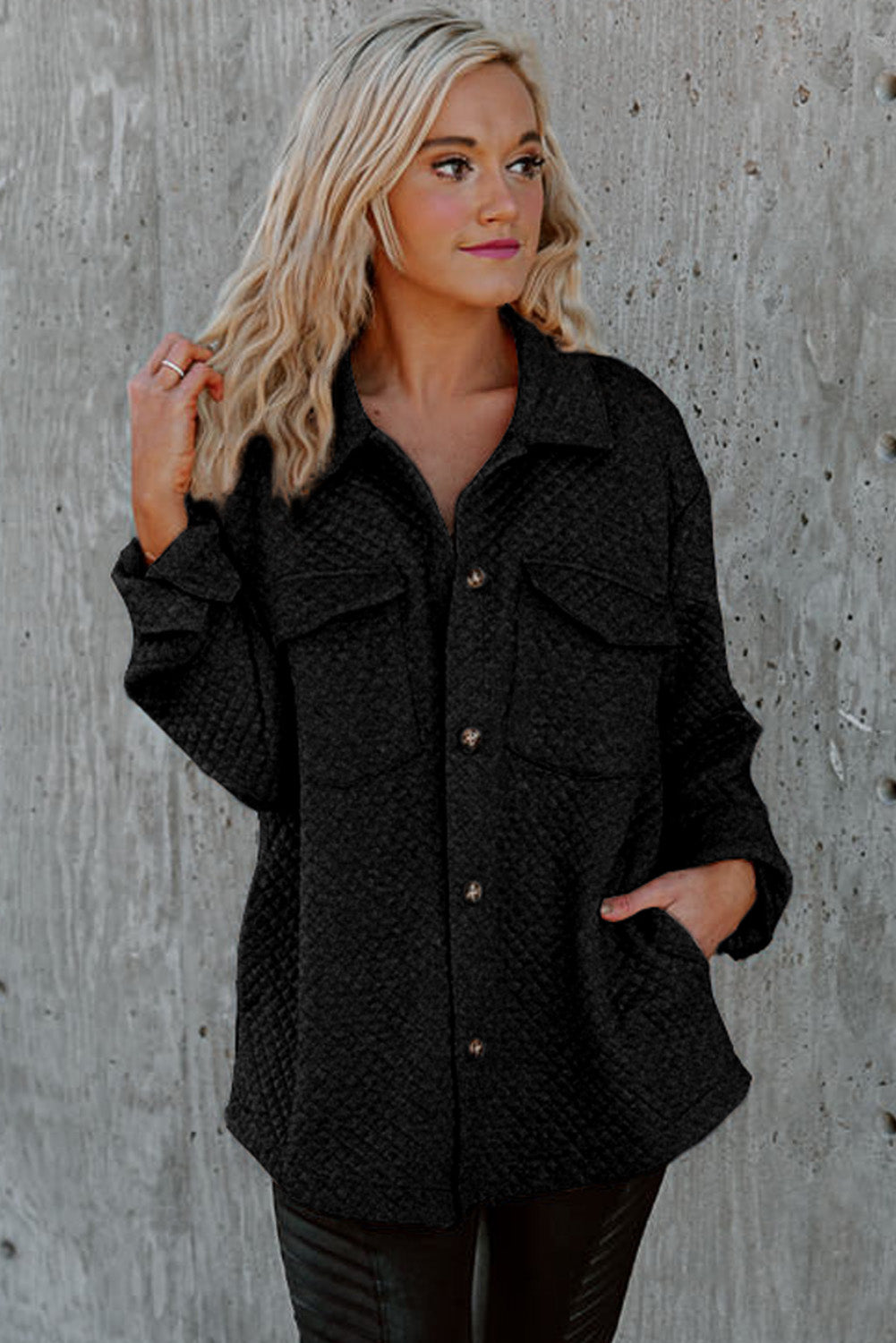Gray Lattice Texture Retro Flap Pocket Button Shacket